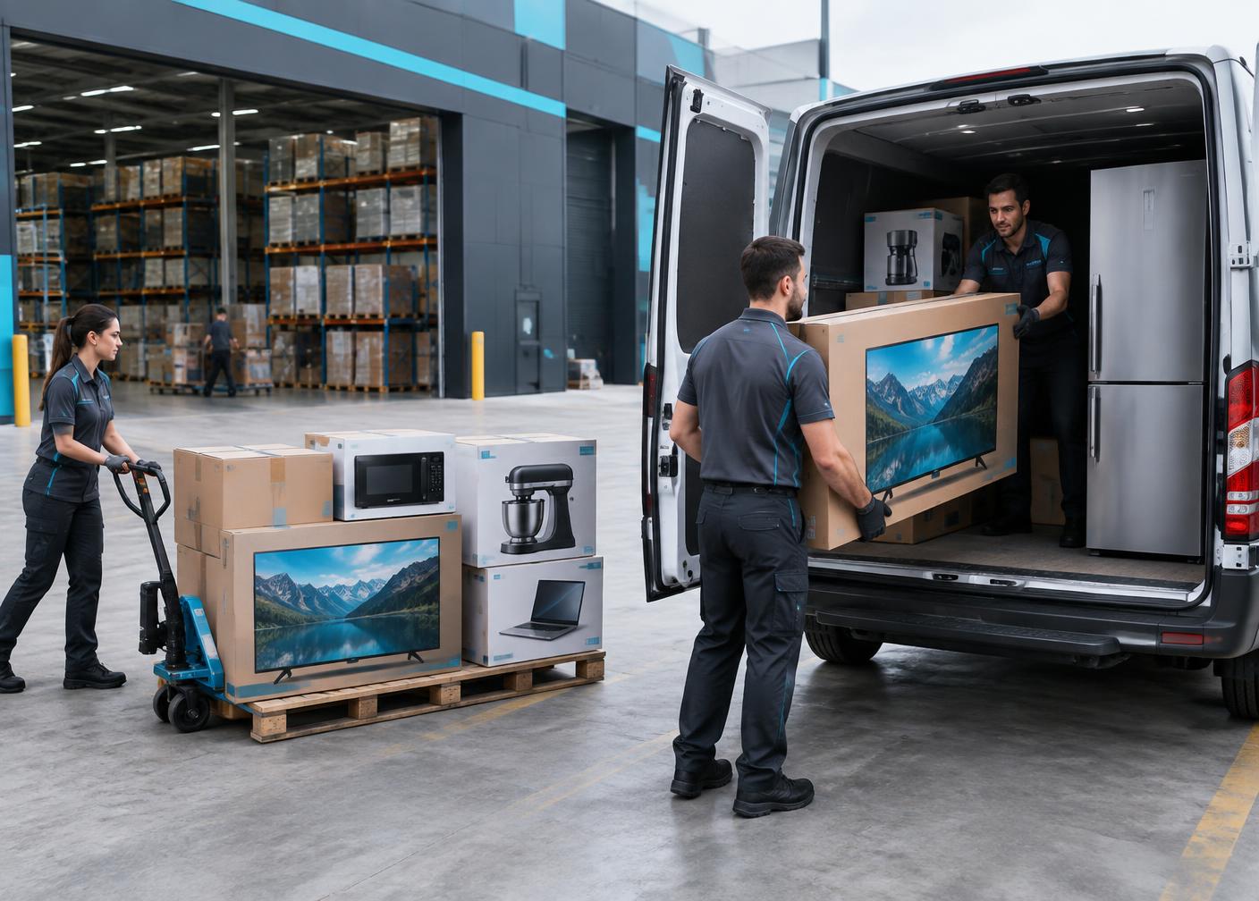 Televisions, kitchen appliances and a refrigerator being loaded at a distribution centre