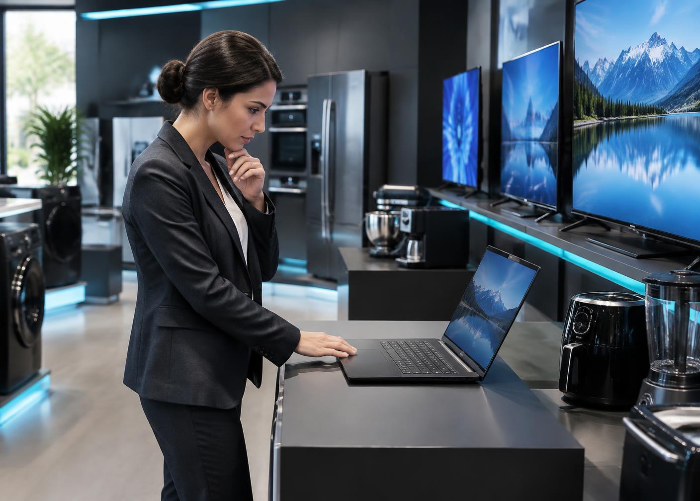 Procurement specialist comparing a laptop and appliances in a product showroom