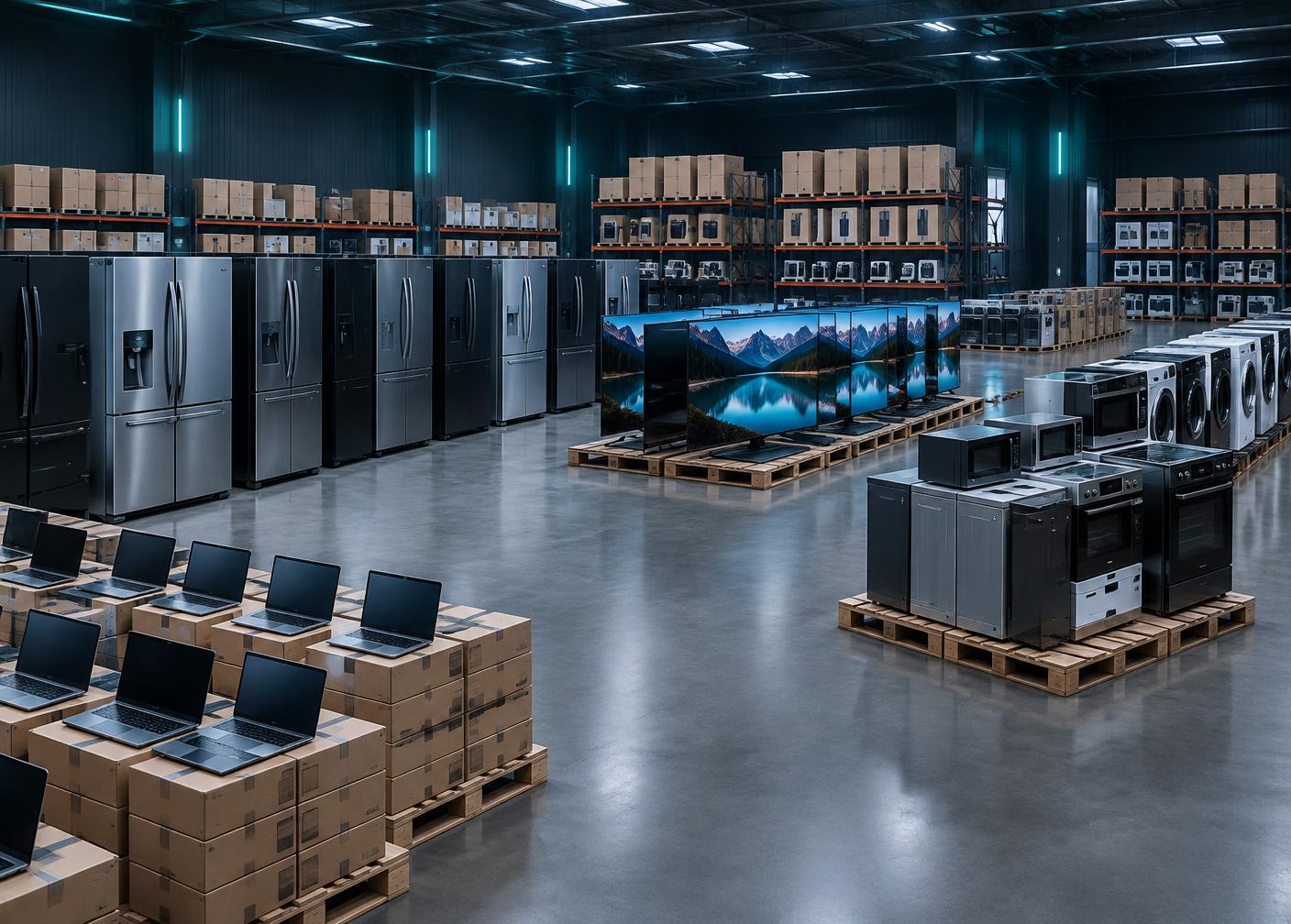Refrigerators, televisions, kitchen appliances and laptops in a wholesale warehouse